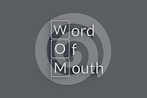 WOM Word of mouth metallic inscription. Acronym or abbreviation