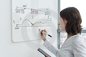 Woma drawing on white board during a presentation in conference room.