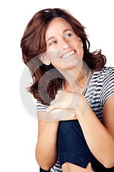 Woman in 30s in top with stripes and jeans