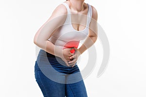 Woman with abdominal pain, stomachache on white background