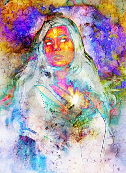 Woman and abstract color background. Crackle effect.