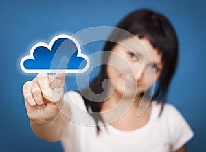 Woman accessing cloud computing system.