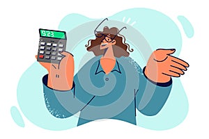 Woman accountant with calculator in hands smiles and demonstrates amount of potential income