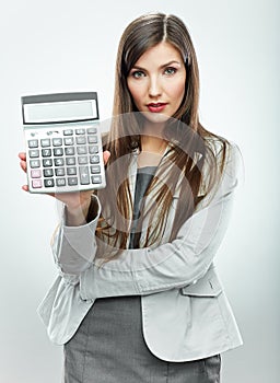 Woman accountant portrait. Young business woman. White background