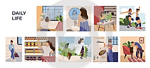 Woman activities scenes. Cartoon hand drawn young girl character leisure, work and routine. Vector sleeping shopping