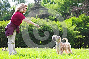 Woman ad her dog on green grass
