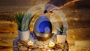 Woman adding essential oil to electric diffuser lamp, Aromatherapy photo