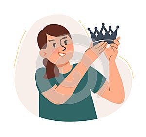 A woman admires her crown. The concept of a business idea, startup, organization, brainstorming. Vector illustration photo
