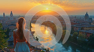 Woman Admiring Sunset Over Verona City from High Vantage