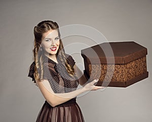 Woman Advertise Cake Present Gift Box, Retro Girl Food Deliver
