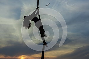 Woman aerial acrobat dances in the air.