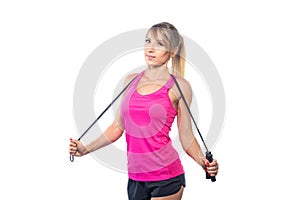 Woman aerobics rope isolated on white background