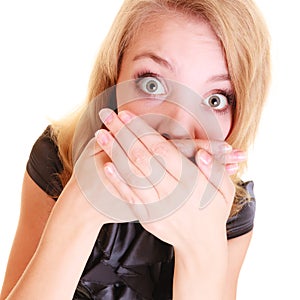 Woman afraid buisnesswoman covers her mouth isolated