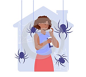 Woman afraid of spiders concept