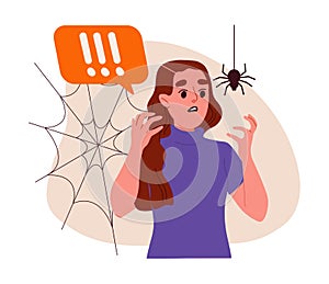 Woman afraid of spiders vector concept