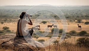 A woman in Africa, sitting, watching nature beauty, photographing wildlife generated by AI