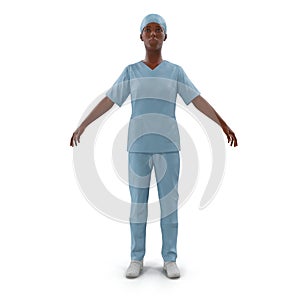 Woman African American surgeon doctor or nurse full length portrait isolated on white. Front view. 3D illustration