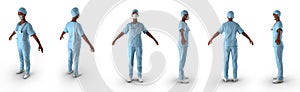 Woman African American surgeon doctor or nurse full length portrait renders set from different angles on a white. 3D