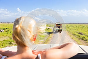 Woman on african wildlife safari.