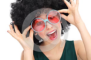 Woman with afro and glasses