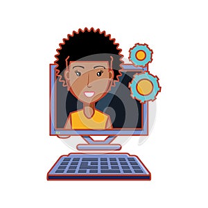 Woman afro hair with computer desktop and gears
