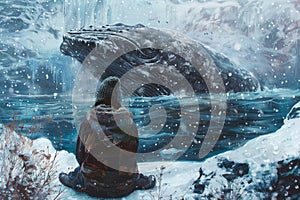 Woman against an Arctic backdrop, with a whale emerging from the water