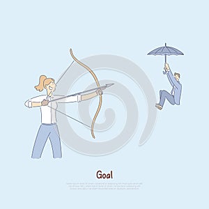 Woman aiming bow with arrow at coworker, man floating down on umbrella, hostile competitive environment banner