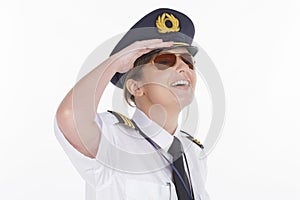 Woman airline pilot wearing uniform with epauletes photo