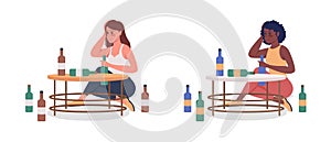 Woman with alcoholism semi flat color vector character set