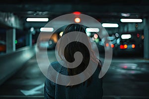 Woman alone in dark parking garage