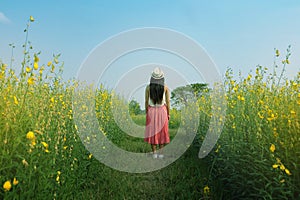 Woman alone flowers field.