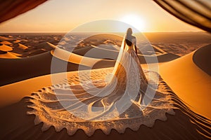 Woman in amazing silk wedding dress with fantastic view of Sahara desert sand dunes in sunset. Generative AI