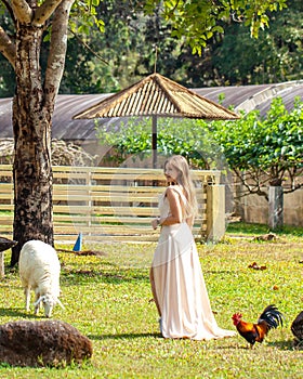 Woman amidst grazing sheep on a lush green farm.