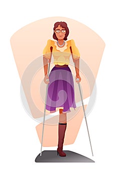 Woman with amputated leg flat vector illustration. Injured girl with metal crutches clipart. Patient going to hospital