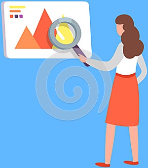 Woman analyses diagram, conducts analysis of report. Lady looks at statistical chart with magnifyer