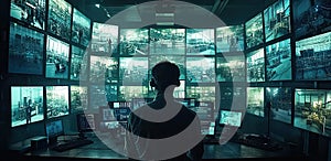 Woman analyzing data in high-tech security control room