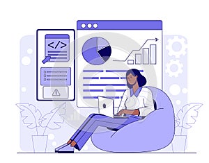 Woman analyzing data on laptop screen. Vector illustration