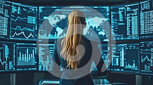 Woman analyzing data on multiple large screens