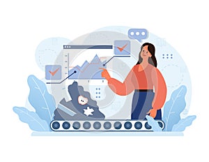Woman analyzing data trends. Flat vector illustration.