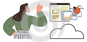 Woman Analyzing Data Visualization and Cloud Computing in Modern Digital Interface