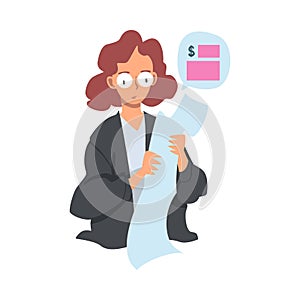 Woman Analyzing Financial Report with Profit Growth and Evaluating Revenue and Expense Vector Illustration