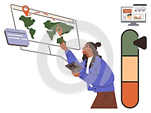 Woman Analyzing Global Map Data on Screen with Interactive Tools and Tablet