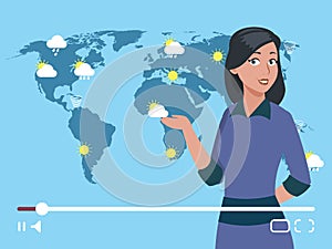 Woman anchorman weather channel vector illustration. Worldwide weather forecast concept