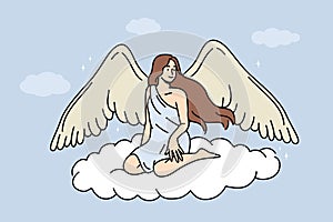 Woman angel with large wings sits on flying cloud in heaven, symbolizing innocence and purity