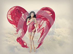 Woman Angel Wings as Heart Shape of Fabric Cloth, Fashion Model in Red Dress, Flying Girl