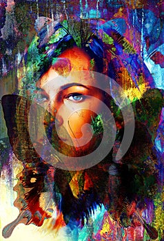 Woman angelic face and a butterfly. Structure and color Collage art.