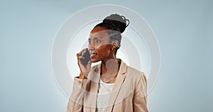 Woman, anger and talking on phone, studio and consulting for business, digital and communication to problem solve. Black