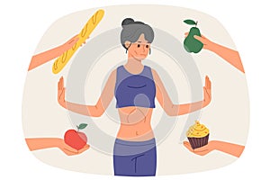 Woman with anorexia and dystrophy refuses to eat, standing among hands with fruits and pastries