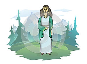 A woman in antique clothes on the background of a forest and a mountain landscape. Vector illustration, isolated on
