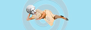 Woman with antique statue bust lying on floor in elegant retro style dress on blue background. Contemporary art collage.